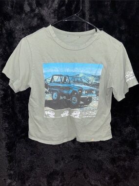 Y2K Graphic Off Road Adventure Baggy Crop-Top - Olive Green with Blue Print